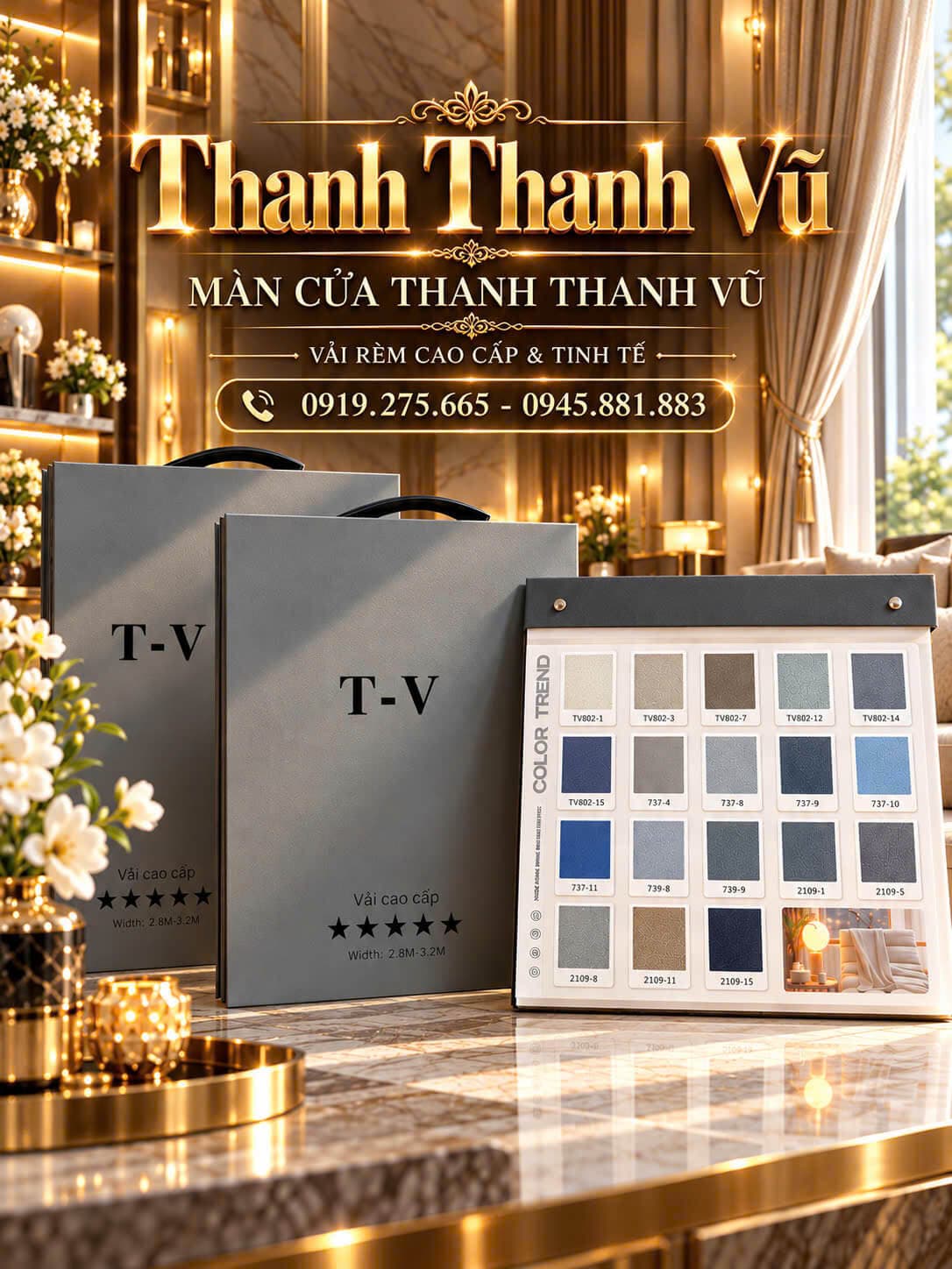 Catalogue màn vải cao cấp 2027 Thanh Vũ - hộp mẫu vải T-V và bảng màu đơn sắc